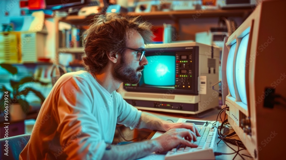 Wall mural a man focused intently on programming at an old computer in a retro-style workspace during the eveni