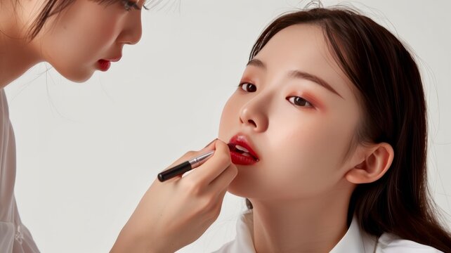 A makeup artist applies red lipstick to a Korean model\'s lips in a bright studio setting, showcasing beauty techniques and artistry