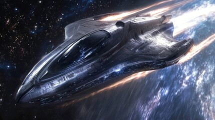 The concept of a futuristic white spaceship designed to fly in the universe or cosmos galaxy above Earth. This is the concept of future technology shuttles, cosmic travel and transportation vehicles
