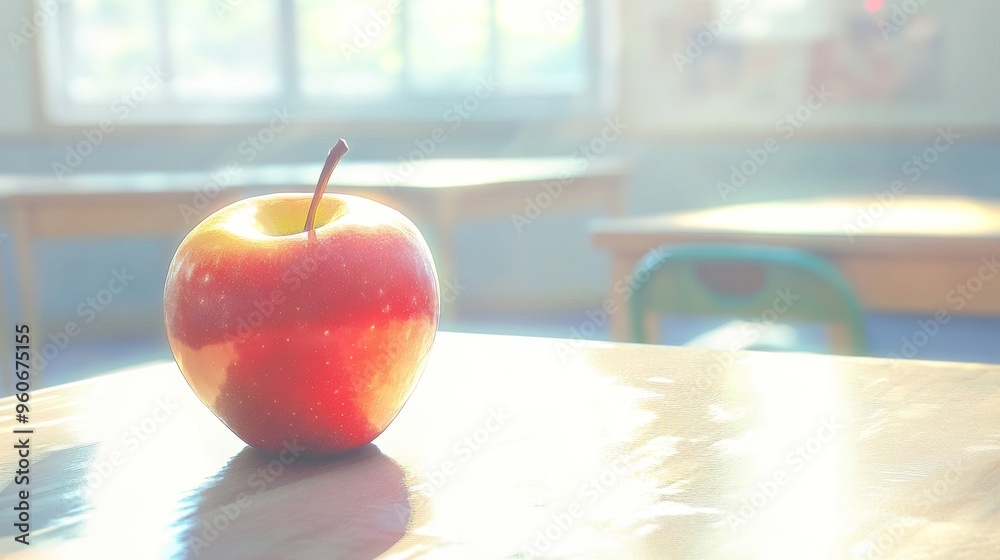 Wall mural this is a close-up illustration of a red apple on a classroom table, with copy space. a creative bac