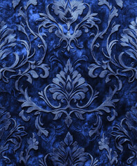Elegant floral Damask pattern on a velvet texture, intricate details, deep royal blue on a shimmering silver background,