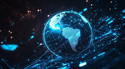 Hologram of blue planet earth sphere in virtual reality. Geometric mesh line circle, world wide web and cyberspace network, internet connection visualisation.