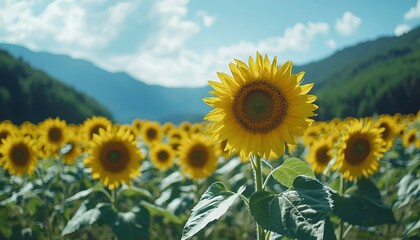 Fototapeta premium Single Sunflower in a Field of Sunflowers with a Mountain Backdrop