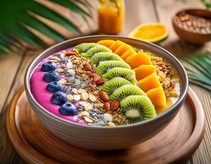 A vibrant, colorful smoothie bowl topped with fresh fruits, seeds, and granola, set against