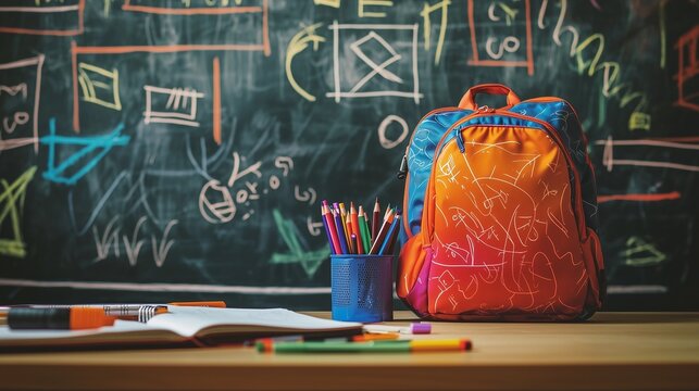 Back-to-School Classroom Scene with Colorful Supplies and Chalkboard