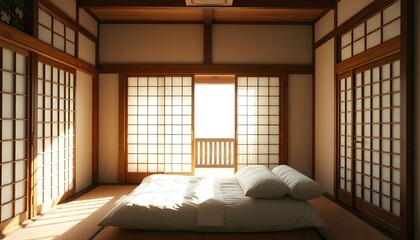 Obraz premium Japanese Shoji Screen and Tatami Comfortable Bedroom with Futon Pillow and Cushion Bed