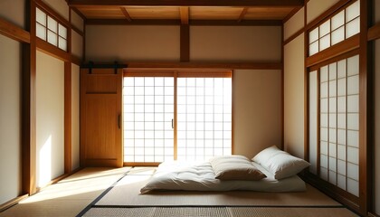 Japanese Shoji Screen and Tatami Comfortable Bedroom with Futon Pillow and Cushion Bed
