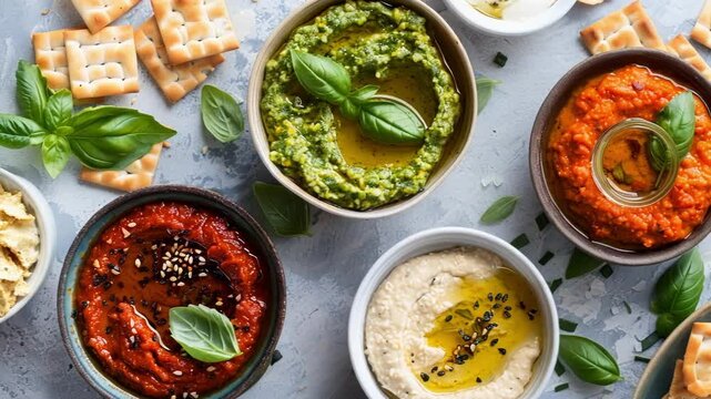 Bowls with various dips, olive oil, sesame seeds and basil leaves are laying on a grey background next to some crackers. They're waiting for guests to arrive for a festive aperitif dinner