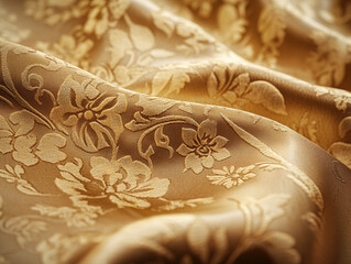 gold Damask design, reversible with floral and vine details, printed on a satin fabric