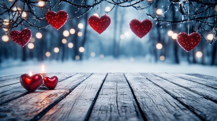 Romantic winter background with heart decorations and candles for Valentine's card