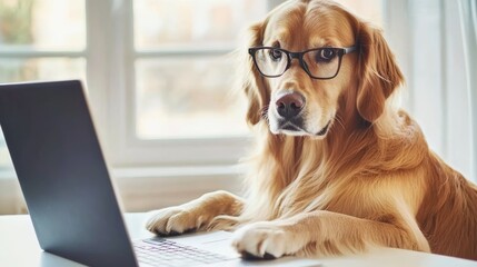 Dog working on laptop in home office setting for playful and humorous concepts
