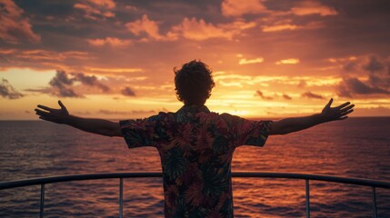 Fototapeta premium View of a young man on a yacht or cruise ship, wearing a light blue tropical shirt, with the ocean in the background and the sunset behind him.