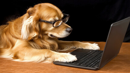 Golden retriever with glasses using a laptop on a wooden table for business concept