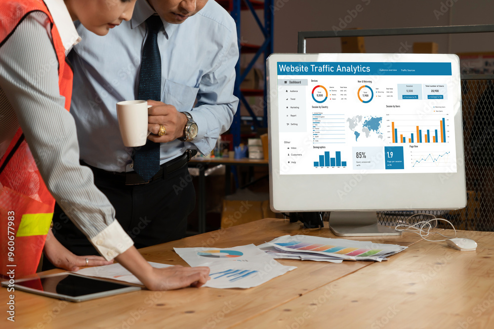 Poster computer software for website traffic analytics data on computer screen. concept of seo search engin