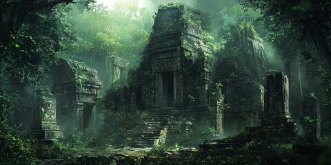 Ancient stone temple overgrown with jungle vegetation.