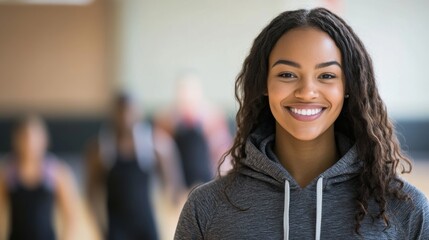 An African American basketball coach smiles at the camera as she stands on the hardwood court of a basketball gym.