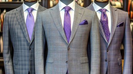 Three men mannequins in grey suits with purple ties in a fashion store