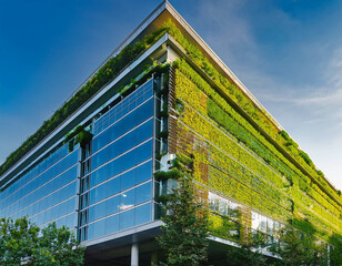 An eco-friendly office building with green roofs, rainwater harvesting systems, and energy-e