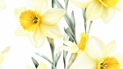 Fototapeta premium Bright yellow and white daffodils with green stems against a white background, illustrating vibrant floral beauty and elegance.