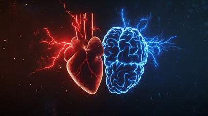 An illustration of how emotions and feelings are balanced by intellect and reasoning. A psychology concept depicting the connection between the human heart and mind or brain body organs.