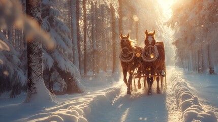 winter wonderland scene with a horse-drawn sleigh