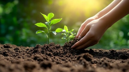 Planting a small green tree in forest nature soil illustrates diversity, black and white skin tones, Caucasian and African American men, and the environment ecology community that fosters friendship.