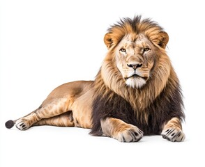 An African jungle king lying down, full body portrait of a lion. A wild male carnivore predator cat animal with a mane, danger, power, big and calming image.