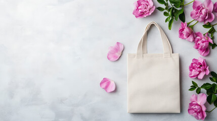 A minimalist white tote bag is placed on a light gray background, surrounded by vibrant pink flowers and scattered petals, evoking a sense of elegance and simplicity.