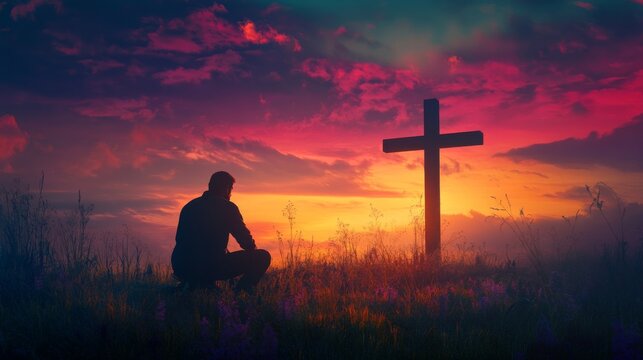 Outdoor silhouette of man kneeling near a wooden Christian cross on a nature meadow grass field at sunset. Religion faith belief repentance prayer forgiveness hope in Jesus Christ, salvation.