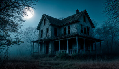 Obraz premium A hauntingly beautiful image of a large, old, abandoned house on a moonlit night.