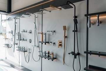 Modern Bathroom Fixtures Display Showcasing Stylish Shower Heads and Faucets
