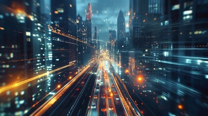 Fototapeta premium background with A nighttime view of a futuristic city with glowing skyscrapers and moving traffic