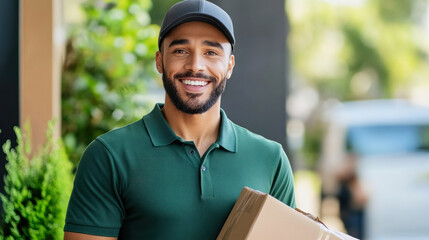 smiling delivery worker with a cap and green uniform