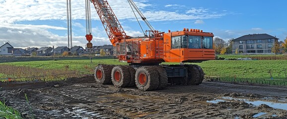 Orange Crawler Crane on Construction Site