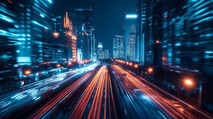Obraz premium background with A nighttime view of a futuristic city with glowing skyscrapers and moving traffic