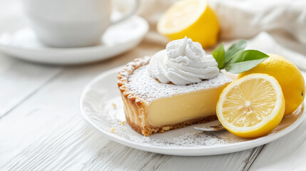 A delicious slice of lemon tart topped with whipped cream, garnished with lemon slices and fresh mint, next to a cup of tea on a white table.