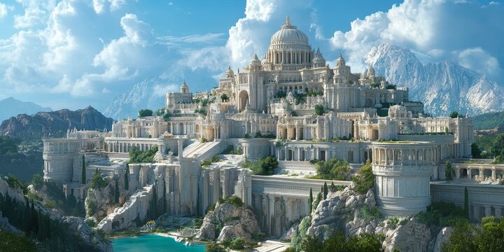 White marble city nestled among rocky mountains.