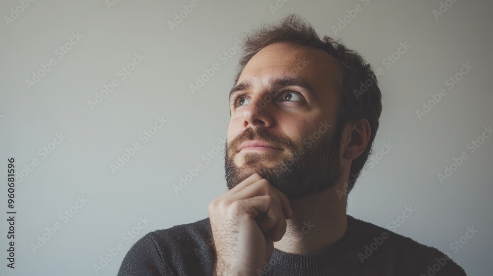 Aufkleber a man with a beard shows a serious expression while contemplating ideas in a calm indoor setting, su