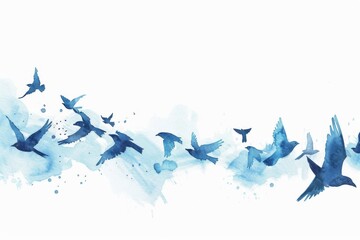 Watercolor painting of blue birds flying in a white sky. Children's Book Illustration