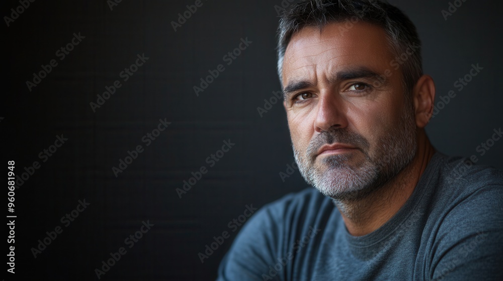 Poster a man with a serious expression contemplates deeply, displaying thoughtfulness with a relaxed demean