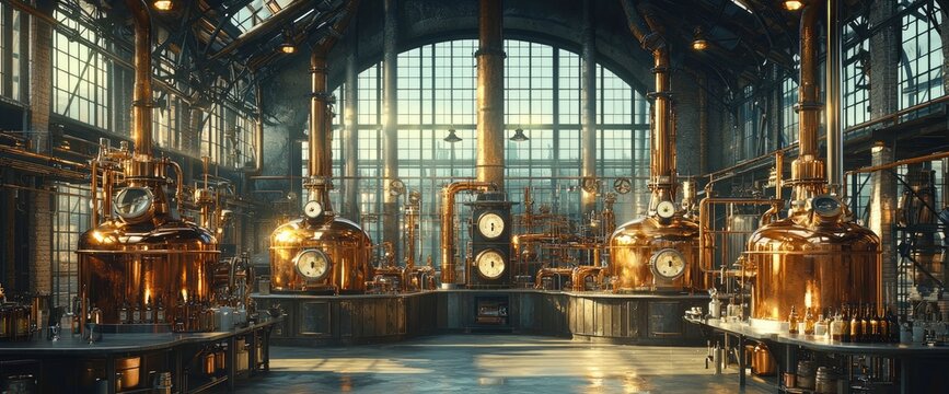 Industrial Copper Stills in a Steampunk Factory