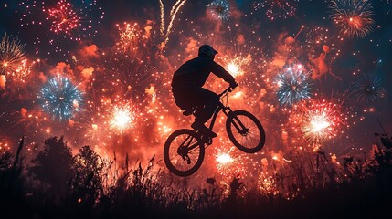 A silhouette of a man doing a wheelie on a bicycle, framed by colorful New Year's fireworks lighting up the night sky