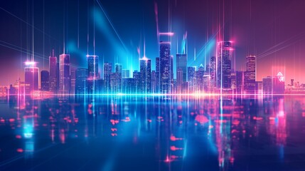 background with A dark cityscape with glowing neon lights and tall buildings