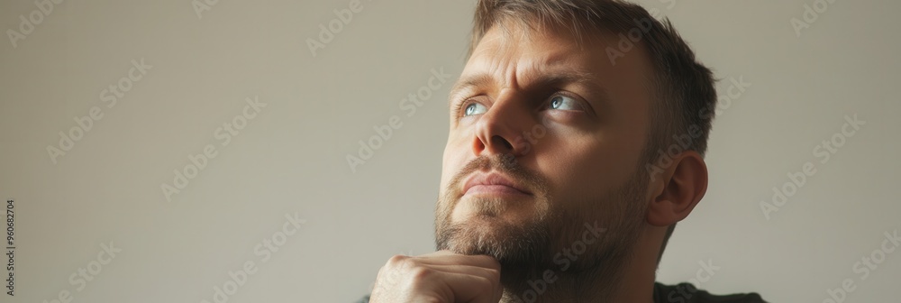 Poster a man contemplates deeply, resting his chin on his hand while displaying a serious demeanor in a sof
