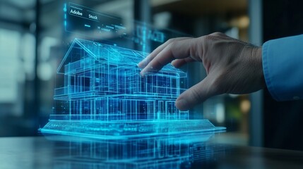 Fototapeta premium In a business office of a real estate agency, a businessman holds a futuristic 3D render of a modern building, a housing apartment or a city housing unit.