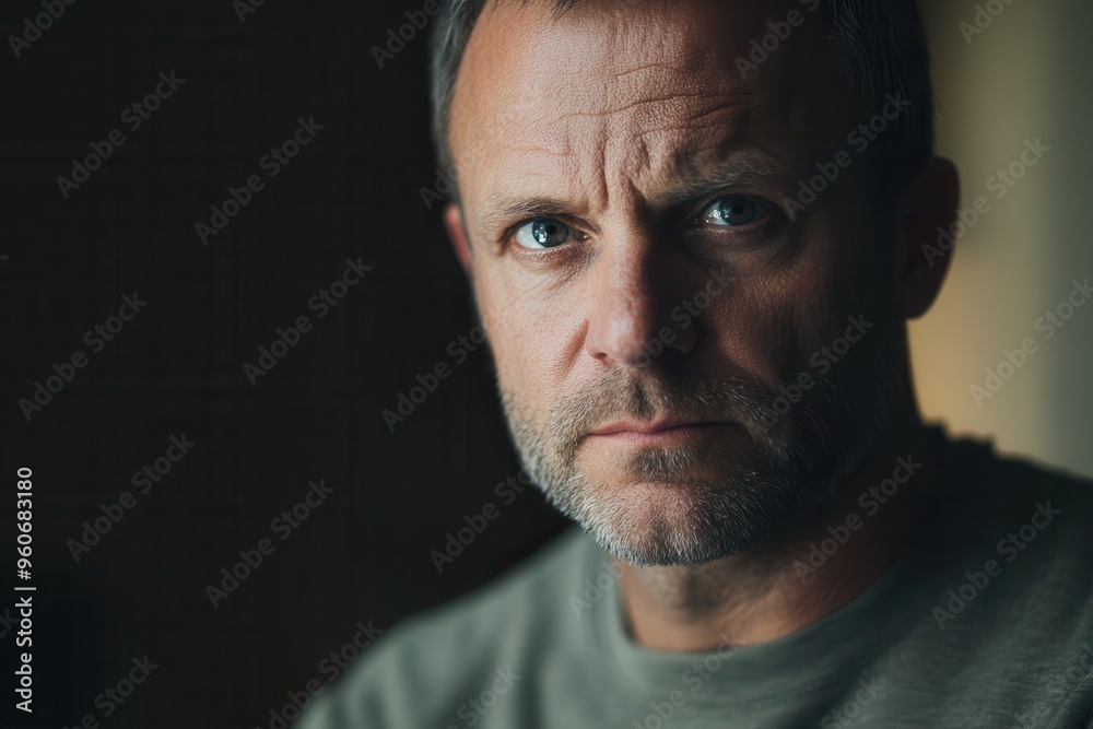 Fototapete a man sits in a shadowy environment, reflecting deeply with an intense expression, conveying a sense