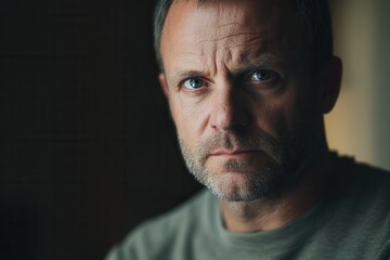 Fototapeta premium A man sits in a shadowy environment, reflecting deeply with an intense expression, conveying a sense of contemplation and seriousness. Generative AI
