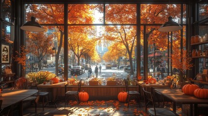 Cozy coffee shop with autumn colors inviting customers inside