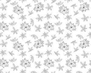Seamless pattern background wrapping wallpaper Christmas symbol elements contour line art sketch drawing holly poinsettia hand drawn white background