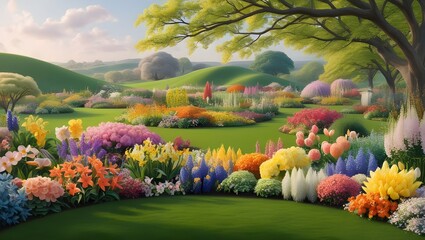 Naklejka premium Beautiful Spring Garden: Panoramic View of Vibrant Flowers and Green Lawn Emphasizing Natural Beauty